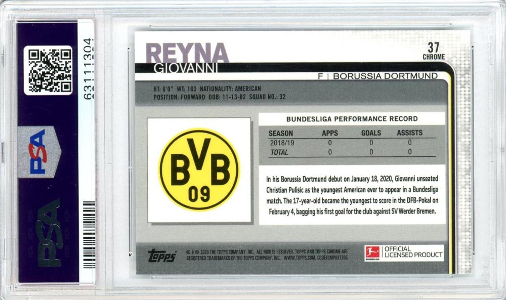 2019-20 Topps Chrome Bundesliga Borussia Dortmund Giovanni Reyna Base card with PSA 9 grade