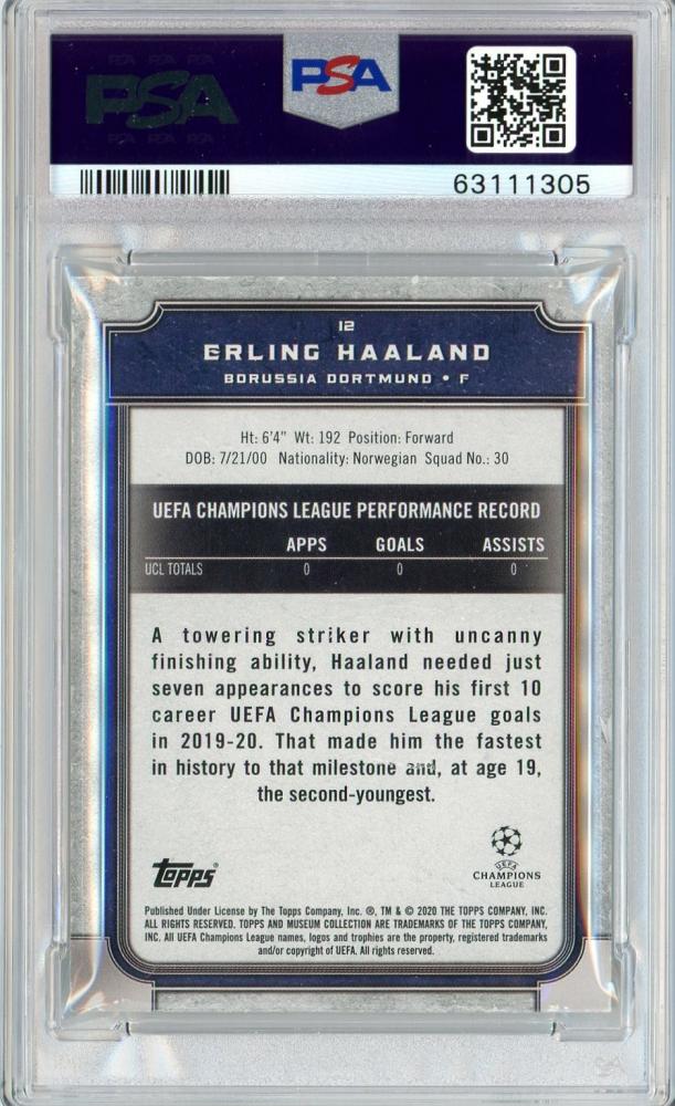 2019-20 Topps Museum UEFA Champions League Borussia Dortmund Erling Haaland Rookie Card graded PSA 6 with visible back stain