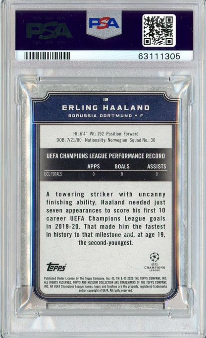2019-20 Topps Museum UEFA Champions League Borussia Dortmund Erling Haaland Rookie Card graded PSA 6 with visible back stain