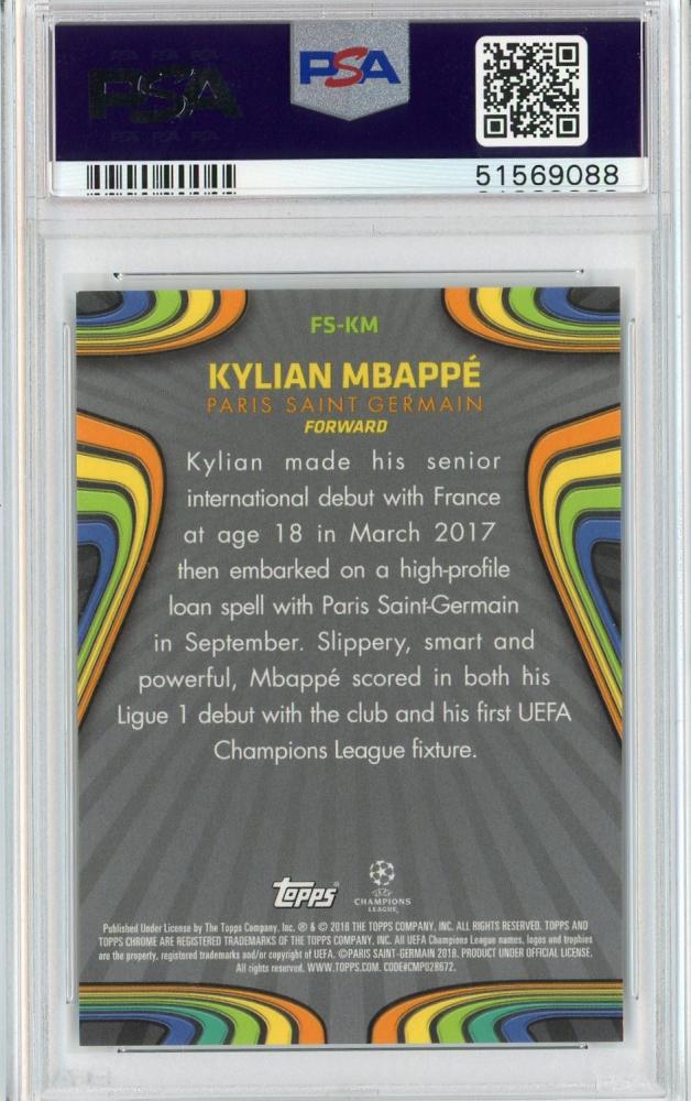 2017-18 Topps Chrome UEFA Champions League Kylian Mbappe Paris Saint-Germain Rookie Card PSA 9 with minor stain