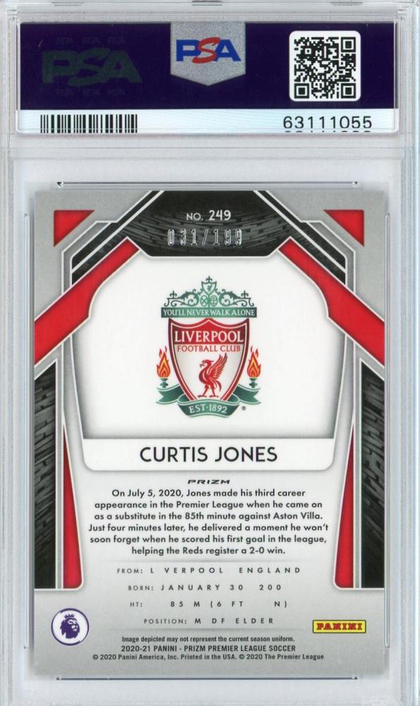 2020-21 Panini Prizm Premier League Liverpool FC Curtis Jones Base Blue card PSA 10 serial 031 of 199