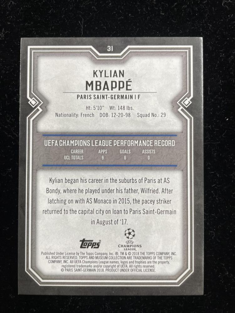 2017-18 Topps Museum Collection UEFA Champions League Paris Saint-Germain Kylian Mbappe Base Sapphire Parallel card 47 of 75
