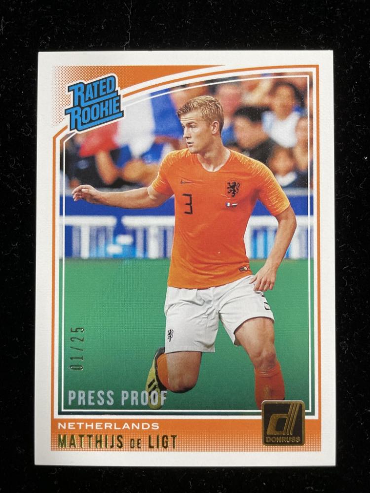 2018-19 Donruss Netherlands Matthijs de Ligt Base Rated Rookie Canvas card serial numbered 01 of 25 with minor stain on back