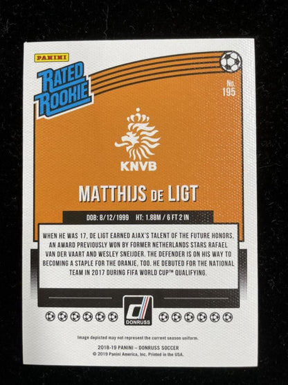 2018-19 Donruss Netherlands Matthijs de Ligt Base Rated Rookie Canvas card serial numbered 01 of 25 with minor stain on back