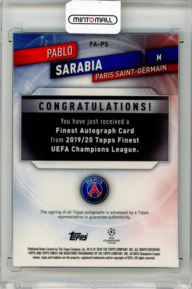 2019-20 TOPPS Finest UEFA Champions League Pablo Sarabia Autographs Green Refractors #FAPS47/99 Paris Saint-Germain