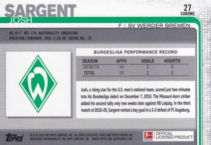 2019-20 Topps Chrome Bundesliga Josh Sargent base trading card featuring Werder Bremen
