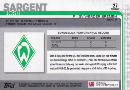 2019-20 Topps Chrome Bundesliga Josh Sargent SV Werder Bremen Base Refractor parallel card