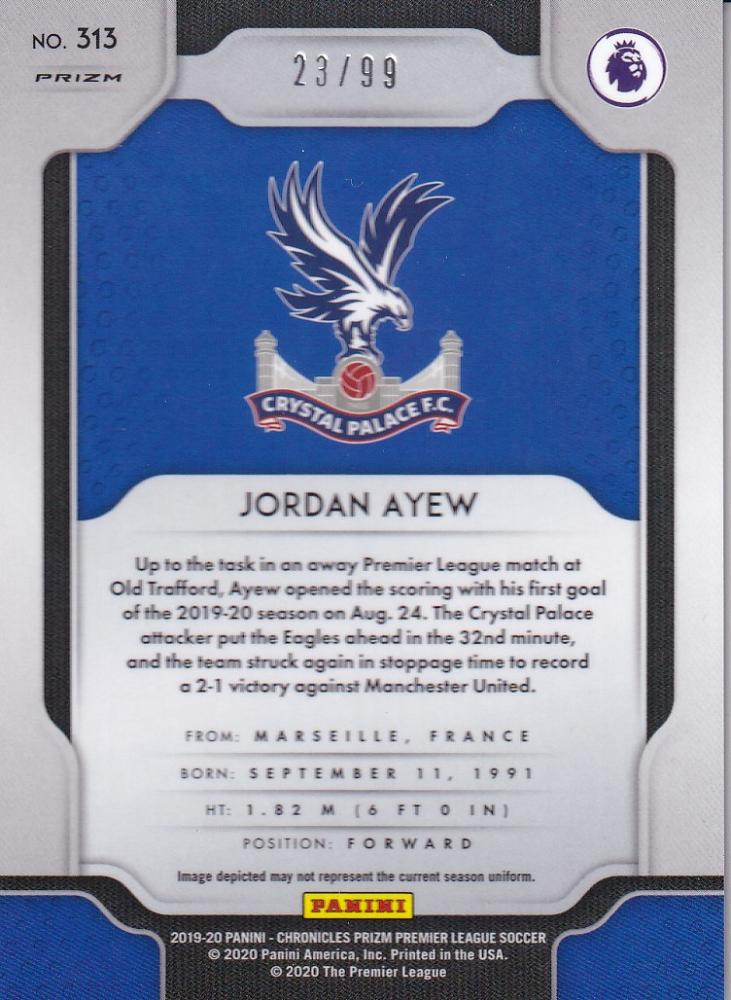 2019-20 Panini Chronicles Jordan Ayew Crystal Palace Premier League Prizm Update Blue Ice parallel card numbered 23/99