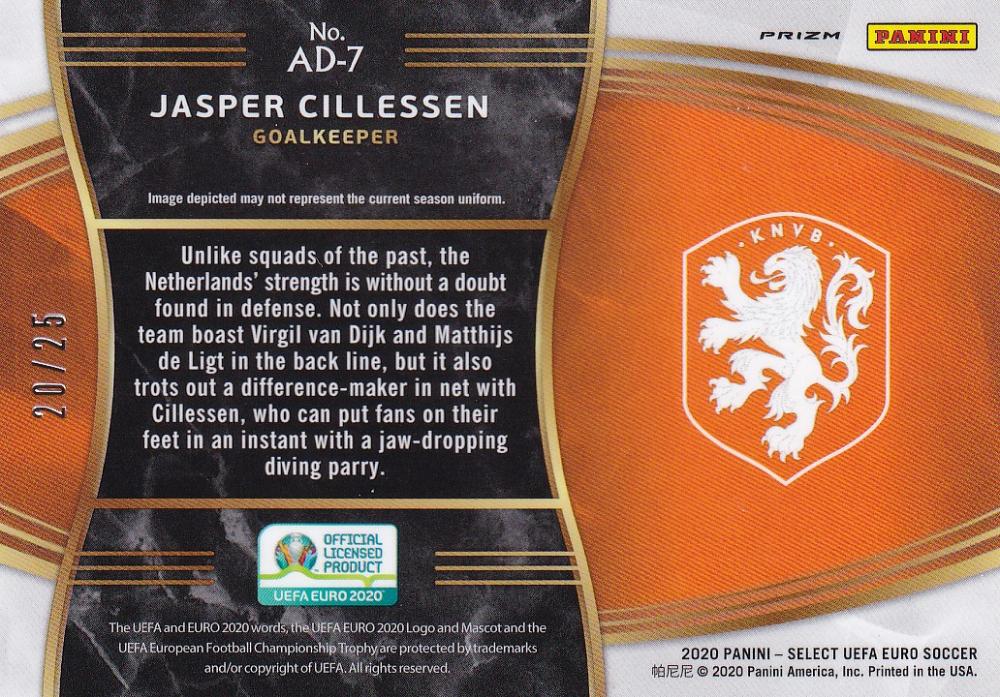 2020 Panini Select UEFA Euro Preview Netherlands Jasper Cillessen silver parallel card numbered 20 of 25 with minor stain on back