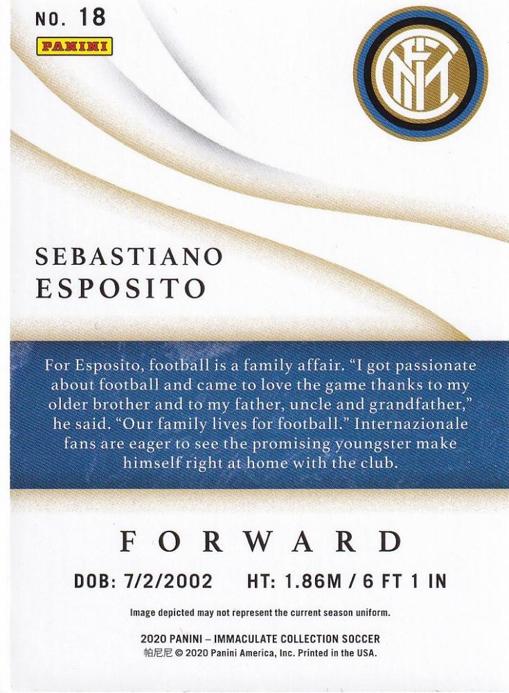 2020 Panini Immaculate Collection trading card of Sebastiano Esposito from FC Internazionale Milano, serial 69/99