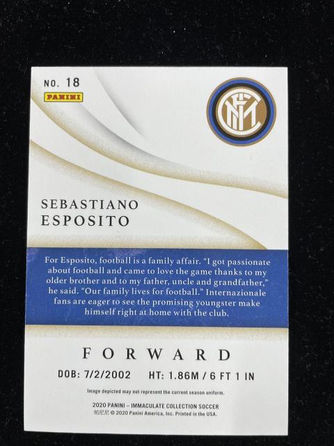 2020 Panini Immaculate Collection trading card of Sebastiano Esposito from FC Internazionale Milano, serial 69/99