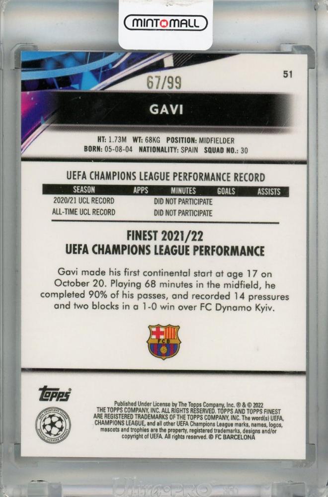 2021-22 Topps Finest UEFA Champions League Gavi Blue/Aqua Vaporwave #51 RC ※Initial Damage 67/99 FC Barcelona