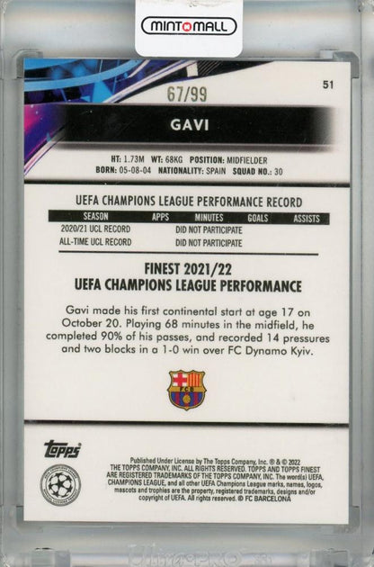 2021-22 Topps Finest UEFA Champions League Gavi Blue/Aqua Vaporwave #51 RC ※Initial Damage 67/99 FC Barcelona
