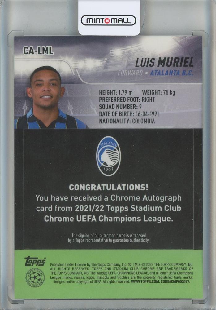 2021-22 Stadium Club Chrome UEFA Champions League Luis Muriel Autographs #CALML Atalanta BC
