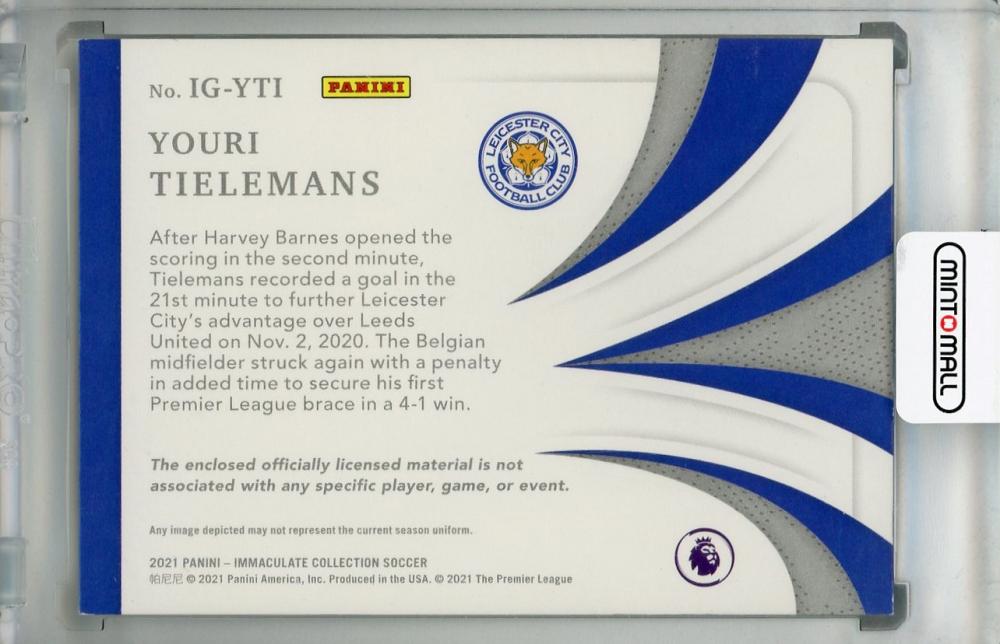 2021 Panini Immaculate Collection Leicester City Youri Tielemans Premier League Sapphire Parallel card