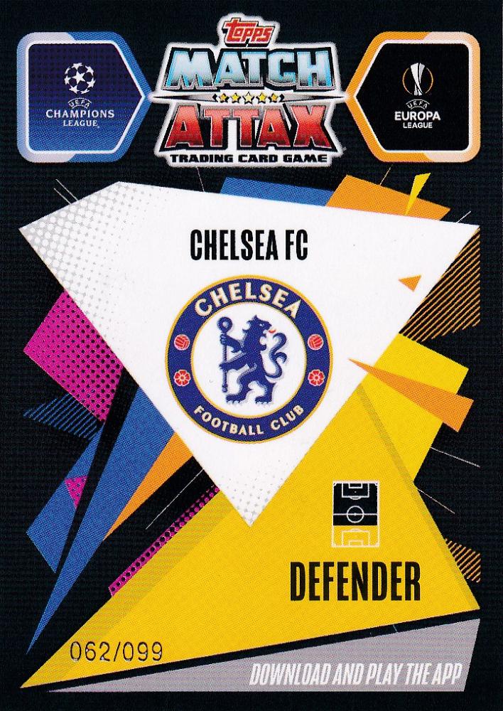2020-21 Topps Chrome Match Attax Reece James Chelsea card serial number 62 out of 99 with green parallel design