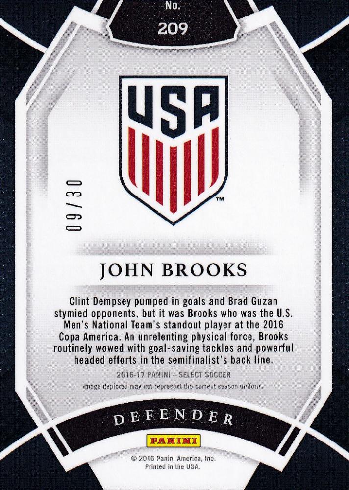 2016-17 Panini Select John Brooks Base Field Level Tie-Dye Parallel collectible card numbered 09 of 30