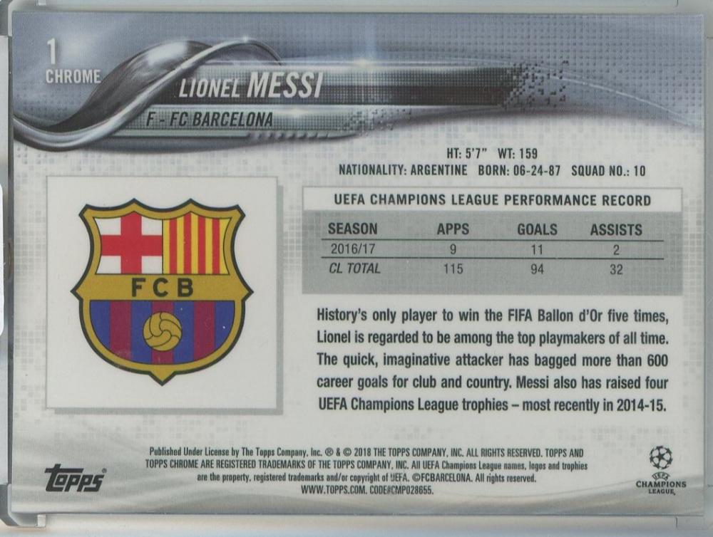 2017-18 Topps Chrome UEFA Champions League Lionel Messi #1 FC Barcelona