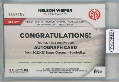 2022-23 Topps Chrome Bundesliga Nelson Weiper Autographs Prism Refractors #BCANWP156/165 FSV Mainz 05