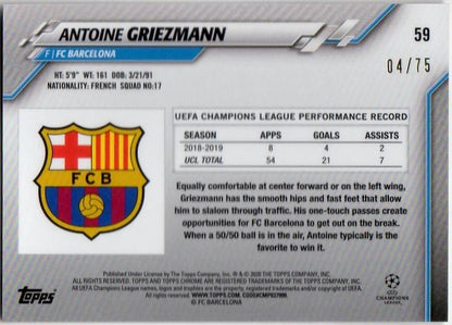 2019-20 Topps Chrome Champions League Antoine Griezmann card number 59 with Refractor finish serial 04/75