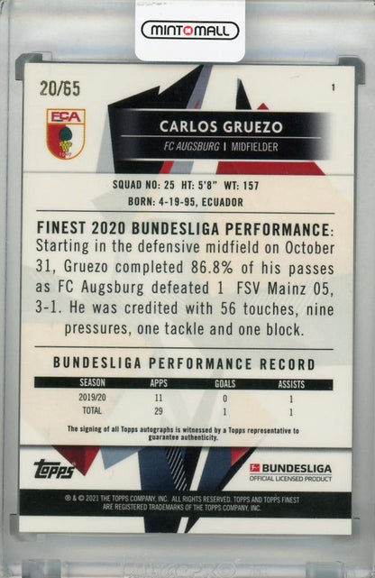 2020-21 Topps Finest Bundesliga FC Augsburg Carlos Gruezo Blue Parallel Autograph card number 20 out of 65