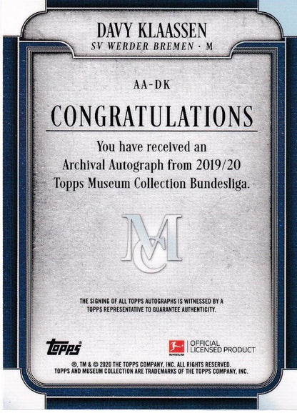 2019-20 Topps Museum Collection Bundesliga Davy Klaassen SV Werder Bremen autograph card gold parallel serial 16 of 50