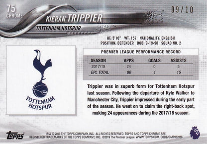 2018-19 Topps Chrome Premier League Kieran Trippier Tottenham Hotspur Base Red Parallel baseball card numbered 09 of 10