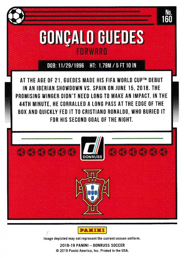 2018-19 Donruss Soccer Portugal Goncalo Guedes Base Canvas Parallel trading card numbered 03/25 with minor stain on back