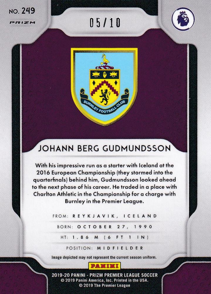 2019-20 Panini Prizm Premier League Burnley Johann Berg Gudmundsson Gold parallel card 05 out of 10 with minor stain