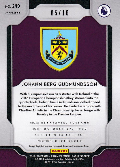 2019-20 Panini Prizm Premier League Burnley Johann Berg Gudmundsson Gold parallel card 05 out of 10 with minor stain