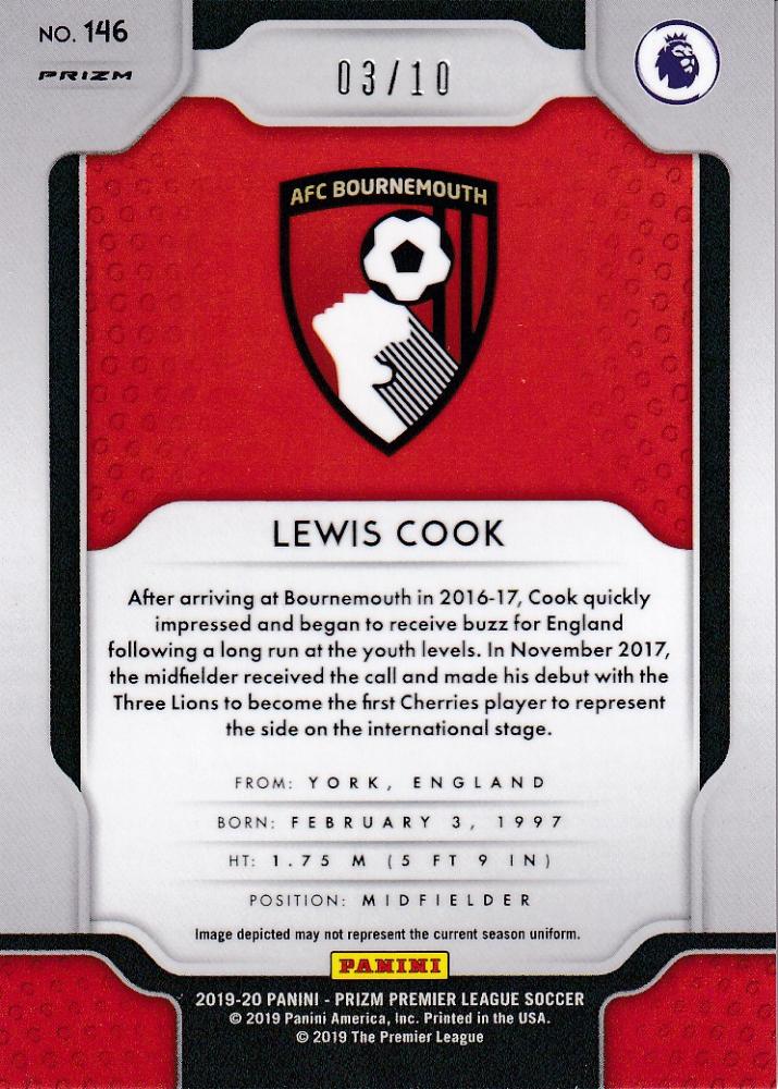 2019-20 Panini Prizm Premier League Lewis Cook AFC Bournemouth Base Breakaway Gold Parallel trading card number 03/10
