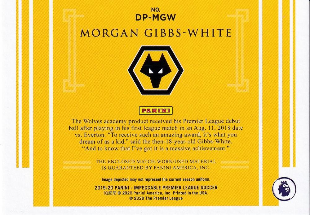 2019-20 Panini Impeccable Premier League Wolverhampton Morgan Gibbs-White dual materials numbered 29 of 99 trading card