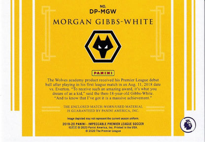 2019-20 Panini Impeccable Premier League Wolverhampton Morgan Gibbs-White dual materials numbered 29 of 99 trading card