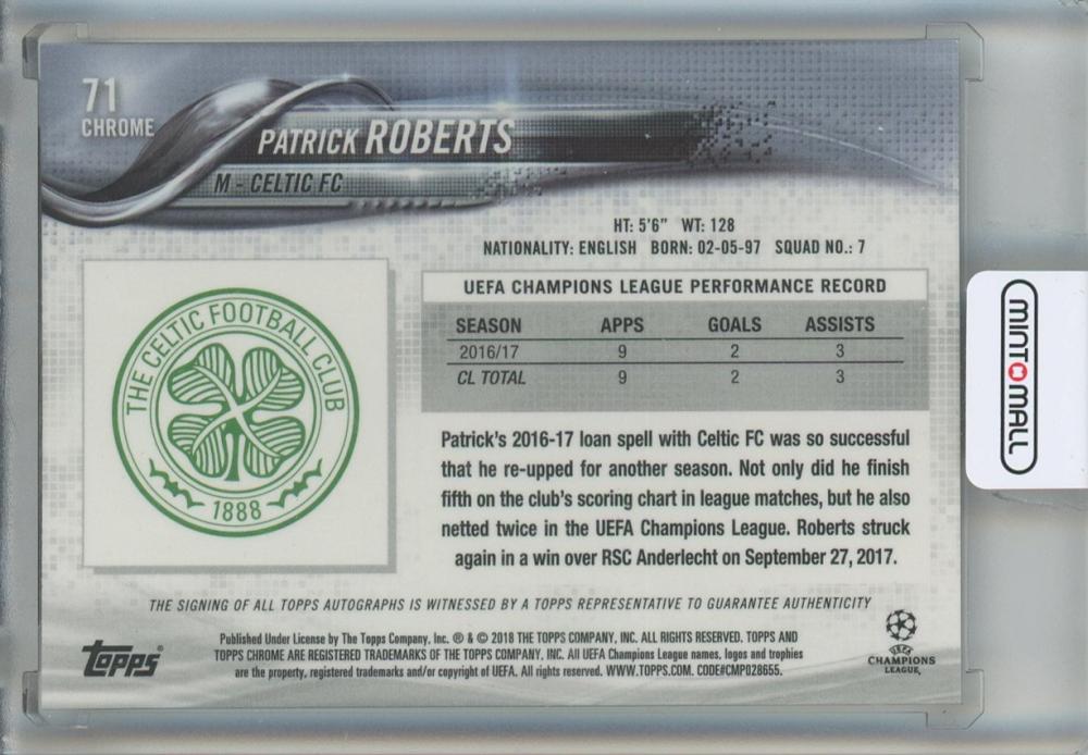 2017-18 Topps Chrome UEFA Champions League Patrick Roberts Autographs #71 Celtic FC