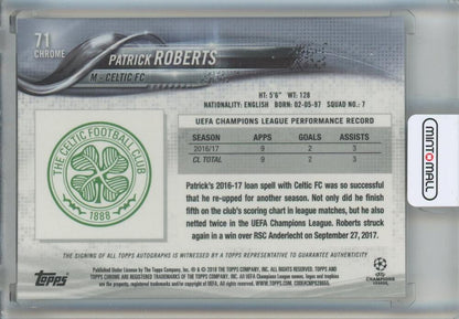 2017-18 Topps Chrome UEFA Champions League Patrick Roberts Autographs #71 Celtic FC