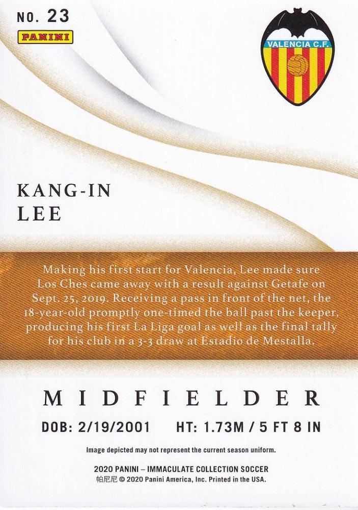 2020 Panini Immaculate Collection Kang-in Lee Valencia CF trading card numbered 50 of 99 with minor stain on back