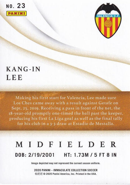 2020 Panini Immaculate Collection Kang-in Lee Valencia CF trading card numbered 50 of 99 with minor stain on back