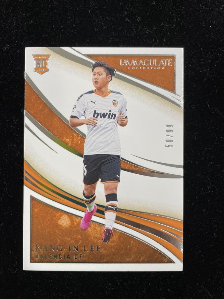 2020 Panini Immaculate Collection Kang-in Lee Valencia CF trading card numbered 50 of 99 with minor stain on back
