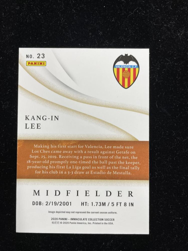 2020 Panini Immaculate Collection Kang-in Lee Valencia CF trading card numbered 50 of 99 with minor stain on back