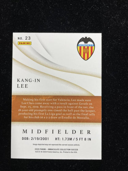 2020 Panini Immaculate Collection Kang-in Lee Valencia CF trading card numbered 50 of 99 with minor stain on back
