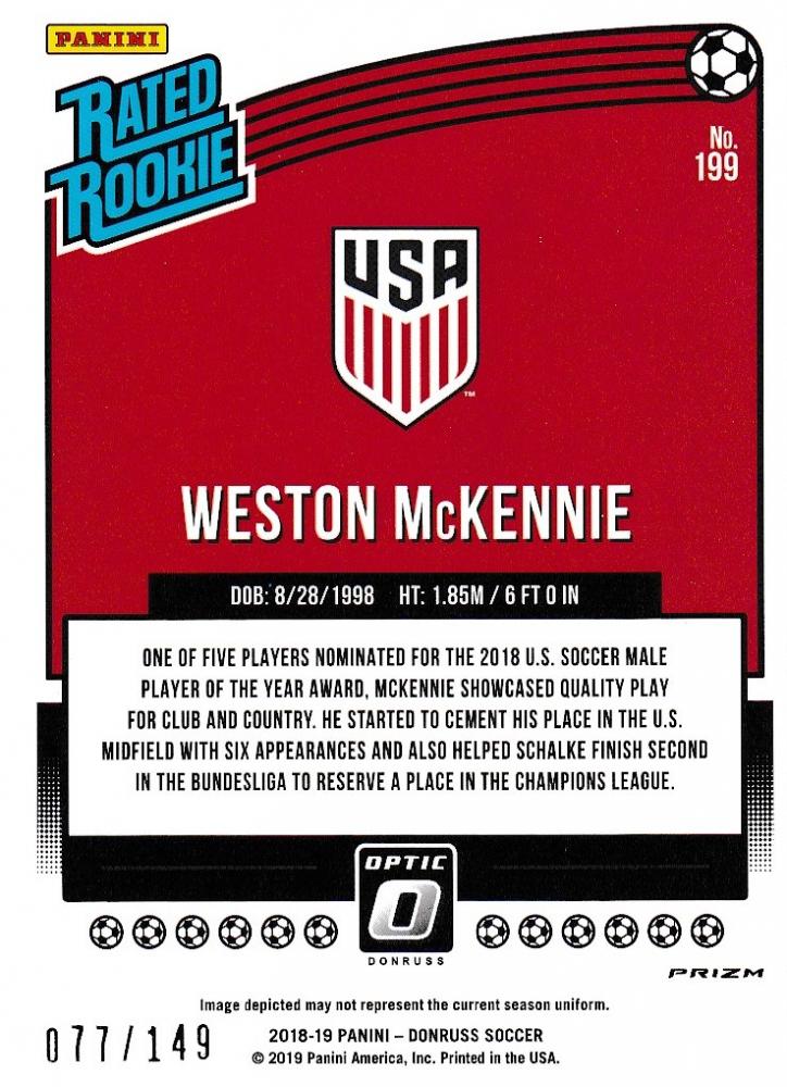2018-19 Donruss United States Weston McKennie Base Rated Rookie Aqua Parallel card serial 077 out of 149