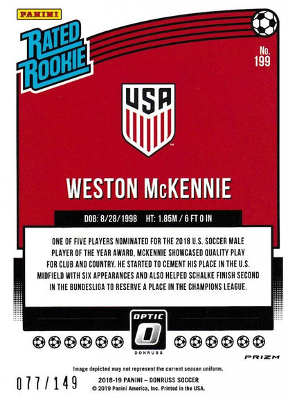 2018-19 Donruss United States Weston McKennie Base Rated Rookie Aqua Parallel card serial 077 out of 149