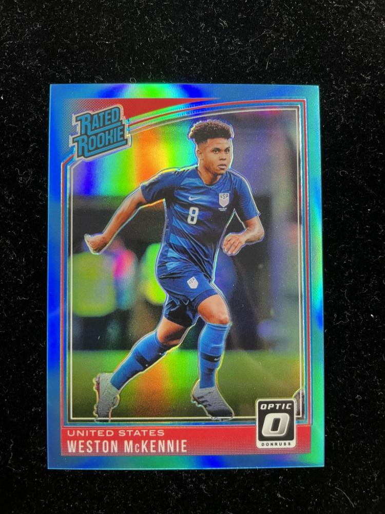 2018-19 Donruss United States Weston McKennie Base Rated Rookie Aqua Parallel card serial 077 out of 149