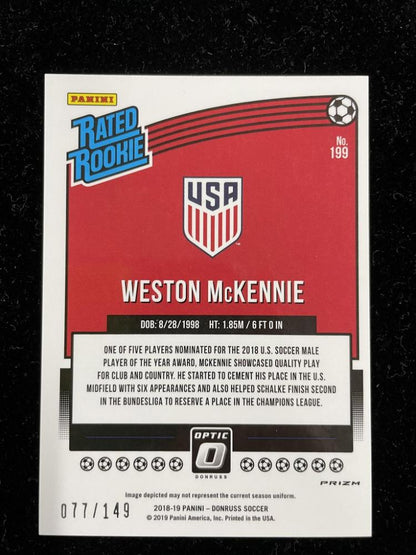 2018-19 Donruss United States Weston McKennie Base Rated Rookie Aqua Parallel card serial 077 out of 149