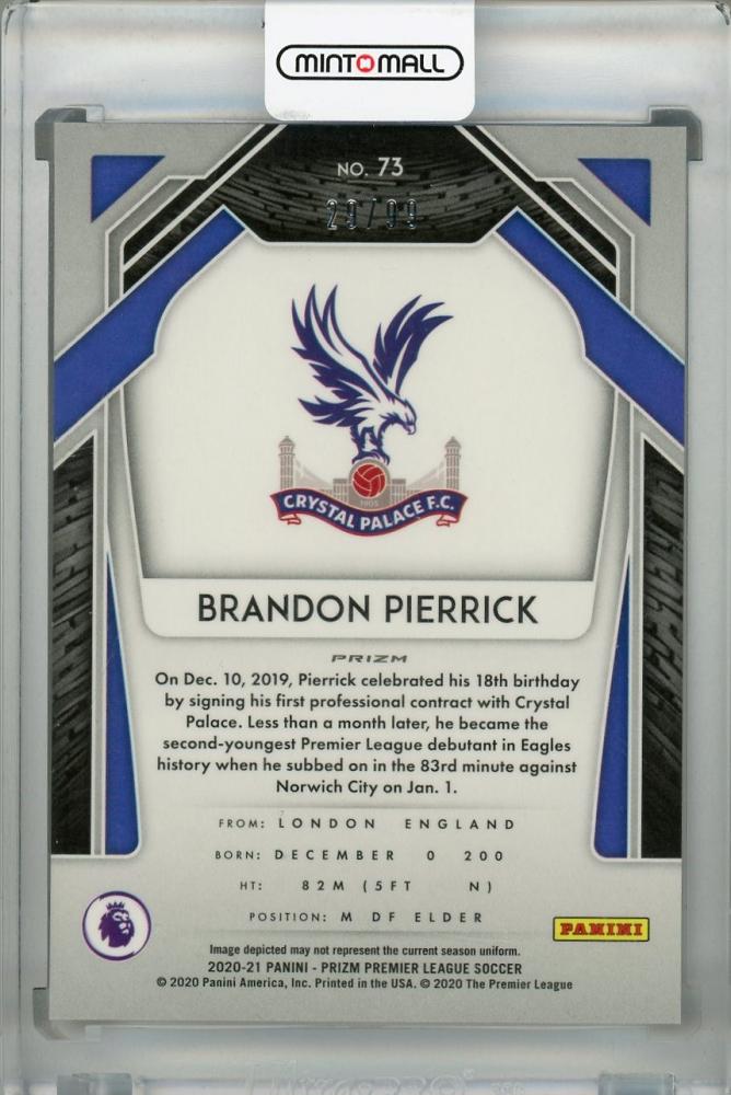 2020-21 Panini Prizm Premier League Crystal Palace Brandon Pierrick Base Purple RC card numbered 29/99