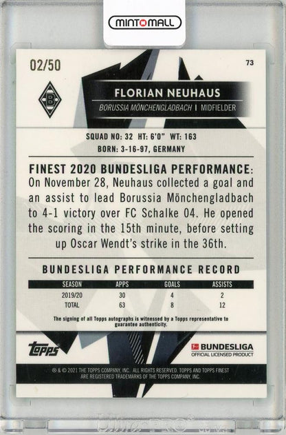 2020-21 TOPPS Finest Bundesliga Green Refractors autograph trading card featuring Florian Neuhaus numbered 02 of 50