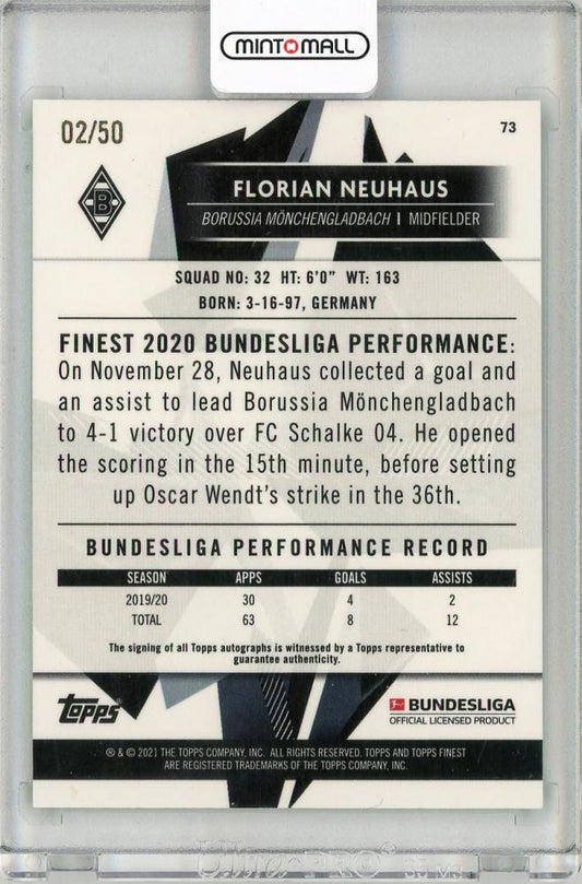 2020-21 TOPPS Finest Bundesliga Green Refractors autograph trading card featuring Florian Neuhaus numbered 02 of 50
