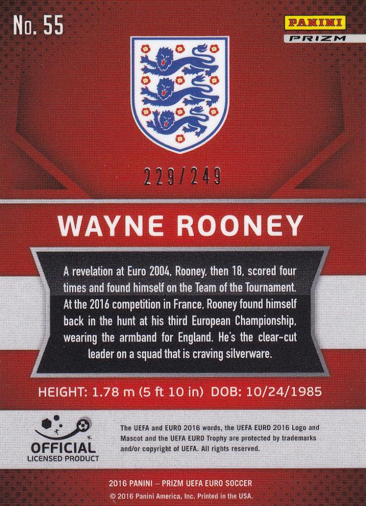 2016 Panini Prizm Euro England Wayne Rooney Base Blue Prizms Parallel card numbered 229 out of 249