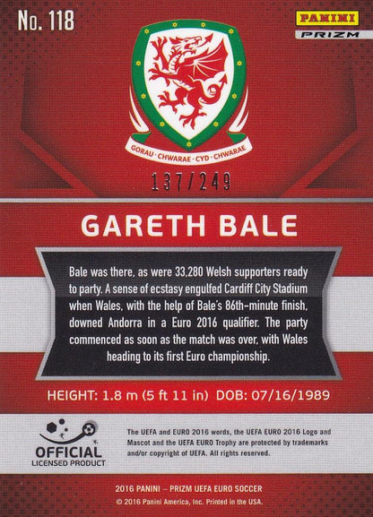 2016 Panini Prizm Euro Wales Gareth Bale Base Blue Prizms Parallel card numbered 137 of 249