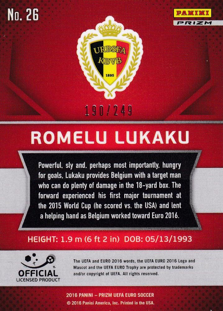 2016 Panini Prizm Euro Belgium Romelu Lukaku Base Blue Prizms card numbered 190 of 249